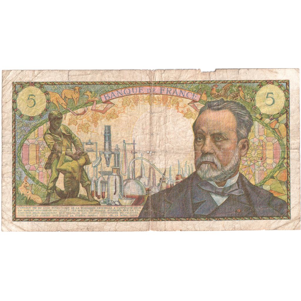 França, 5 Francs, Pasteur, 1968-08-01, W.80, VF(20-25)