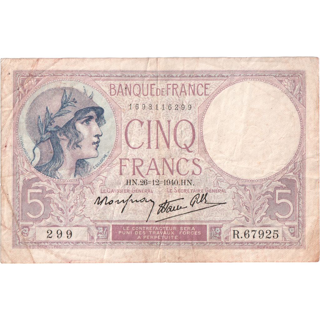 Francia, 5 Francs, Violet, 1940-12-26, R.67925, MB+