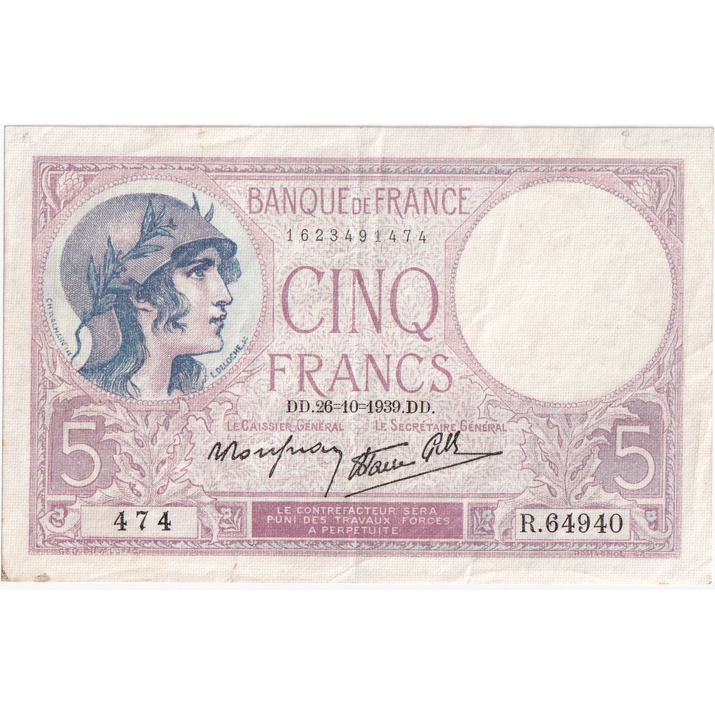 Francia, 5 Francs, Violet, 1939-10-26, R.64940, BC+