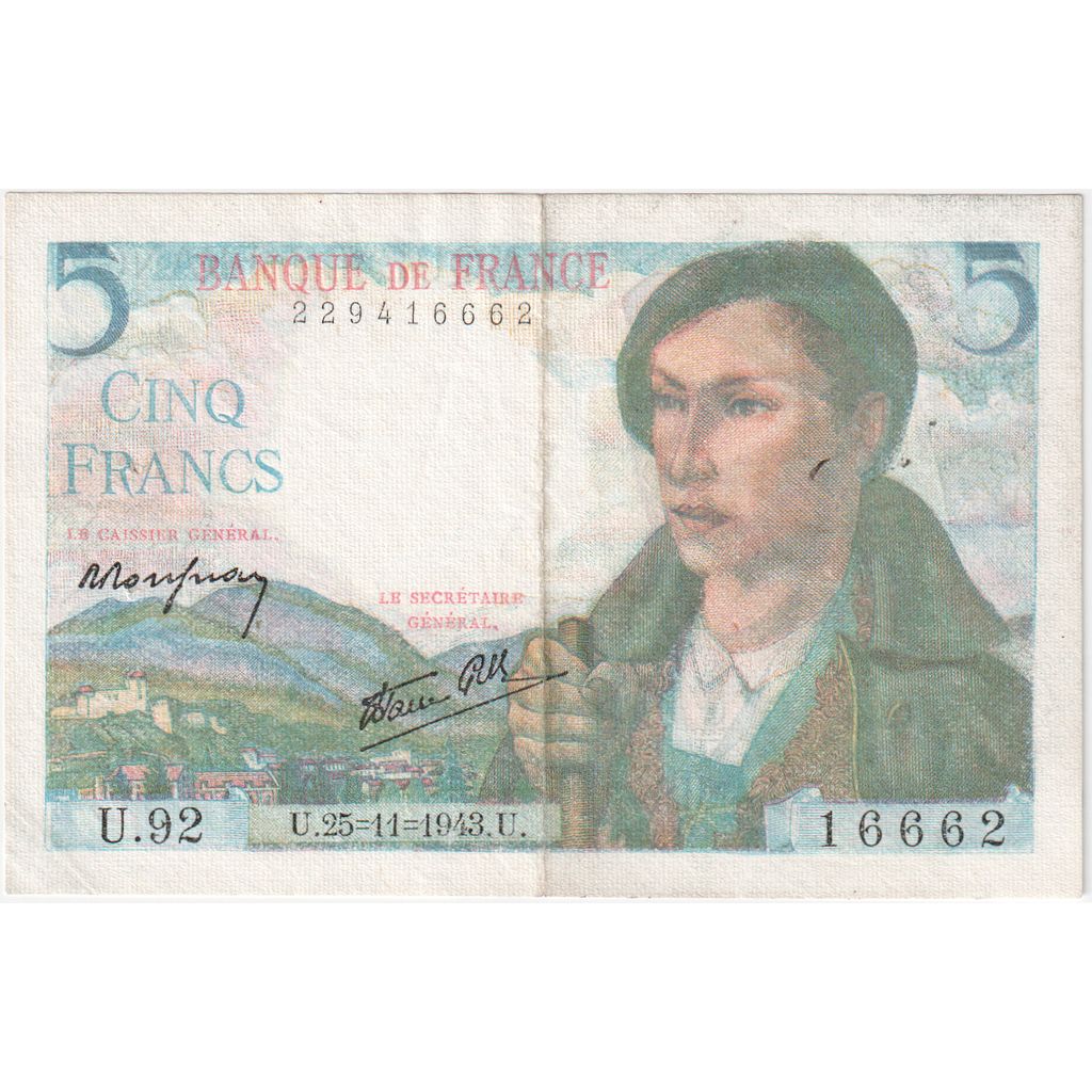 França, 5 Francs, Berger, 1943-11-25, U.92, EF(40-45)