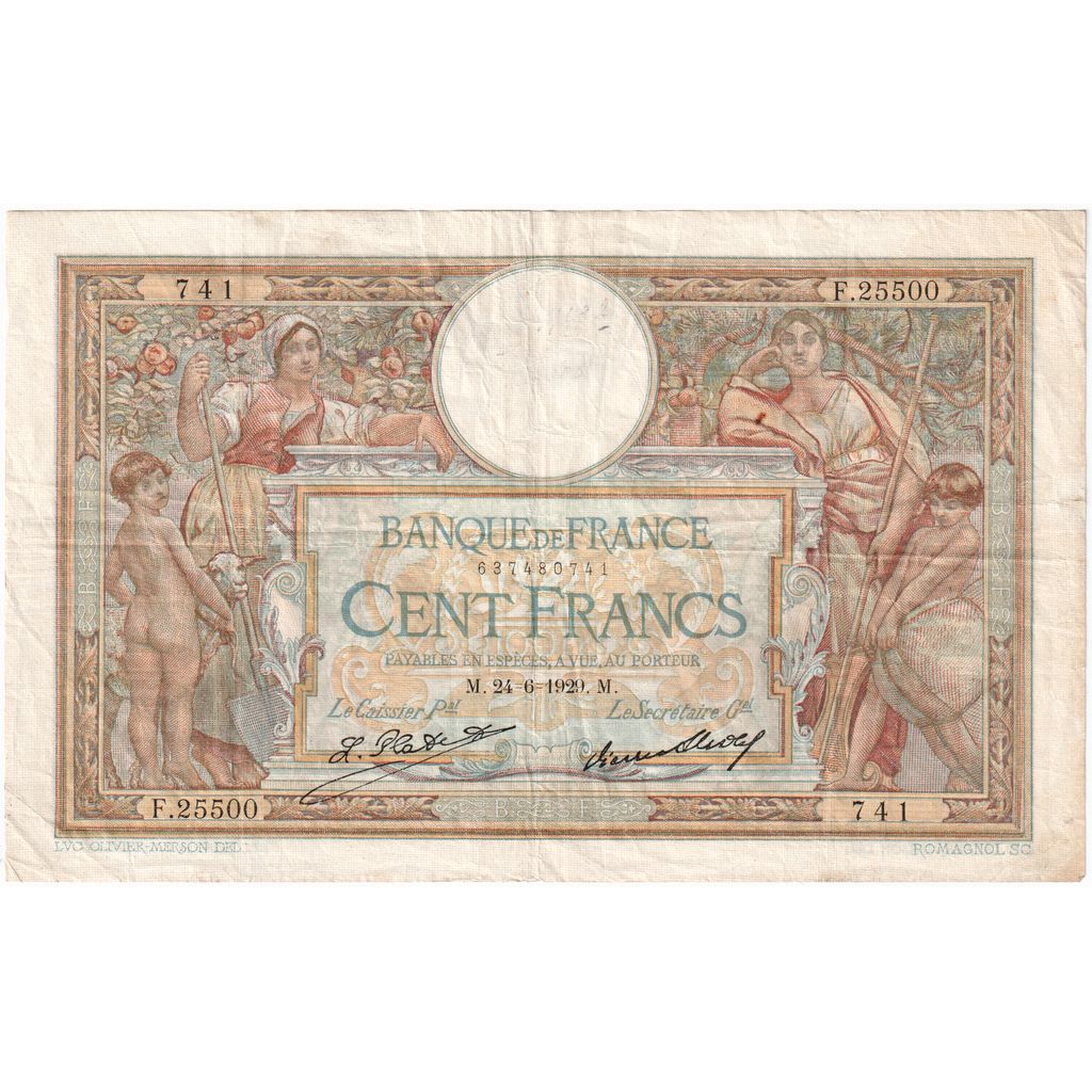 France, 100 Francs, Luc Olivier Merson, 1929-06-24, F.25500, EF(40-45)