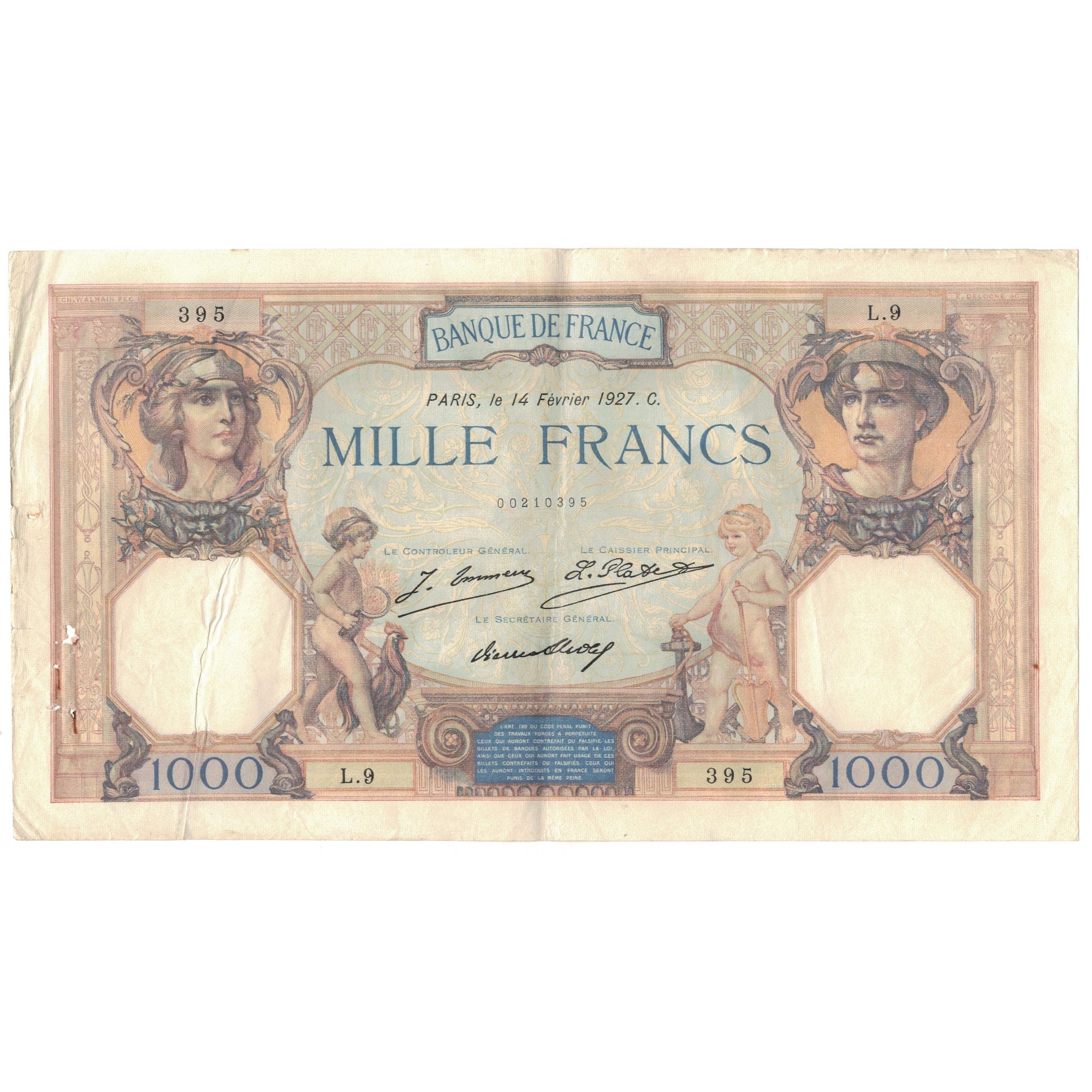 France, 1000 Francs, Cérès et Mercure, 1927, L.9, TB+, Fayette:37.01, KM:79a