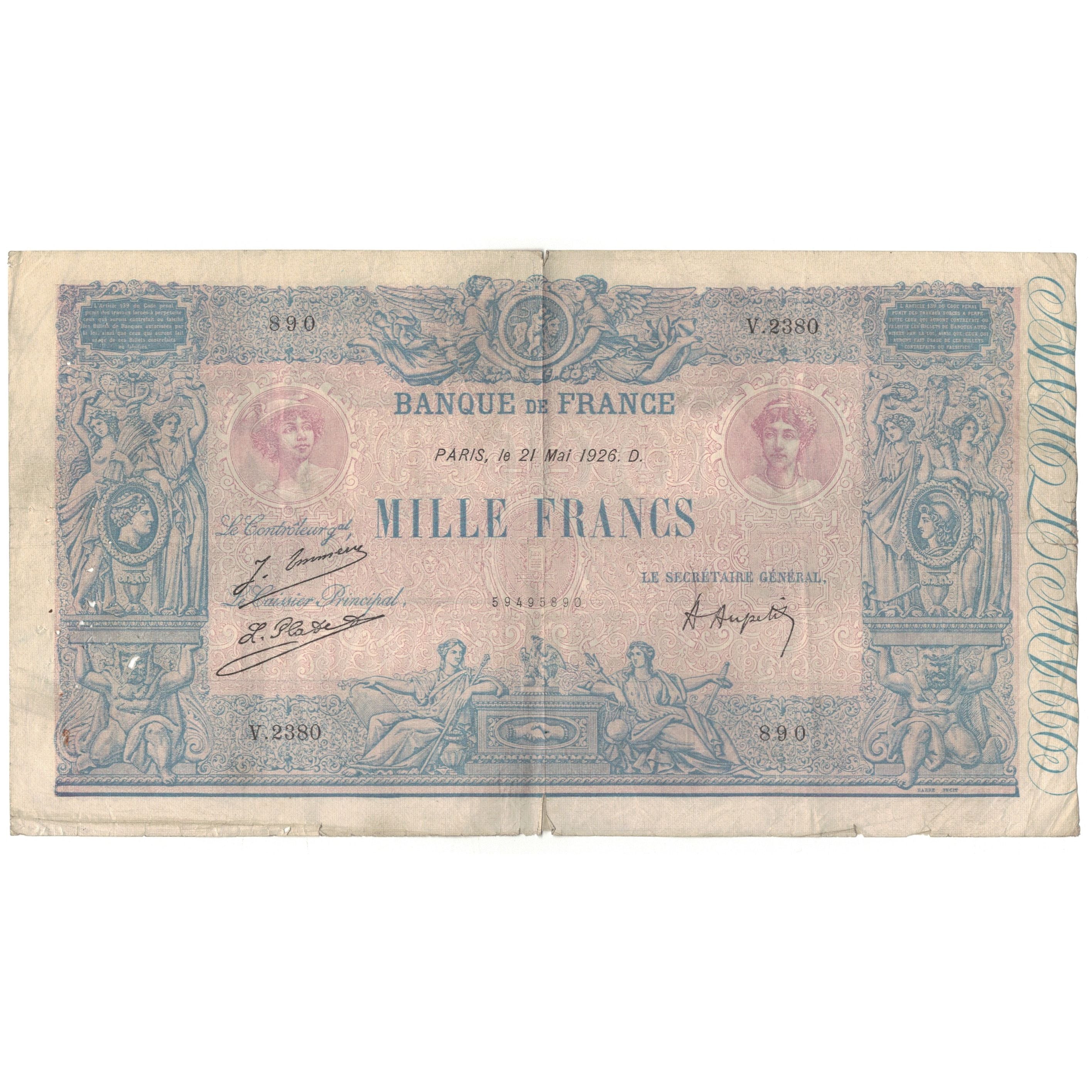 France, 1000 Francs, Bleu et Rose, V.2380, VF(20-25), Fayette:36.42, KM:67j