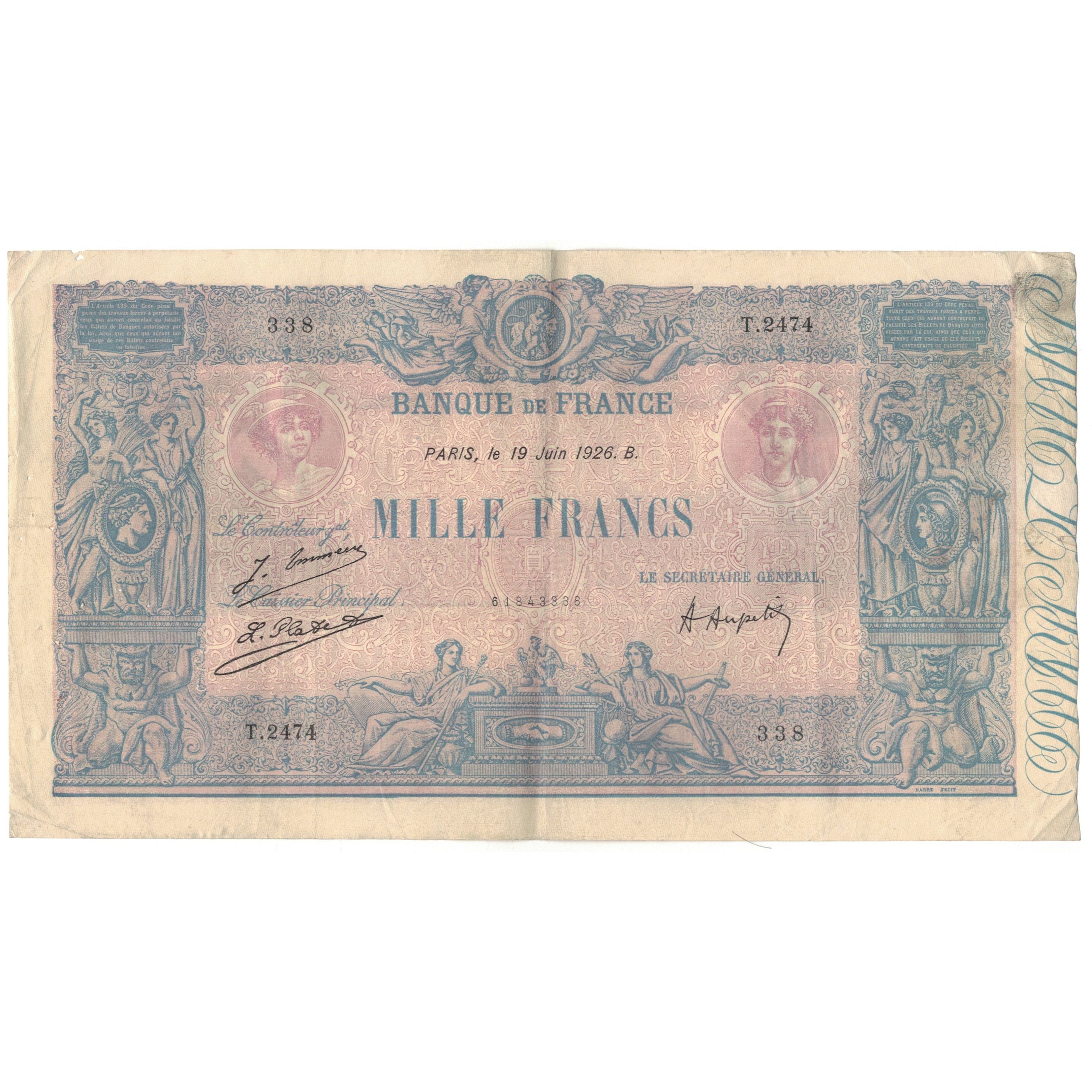 France, 1000 Francs, Bleu et Rose, T.2474, EF(40-45), Fayette:36.42, KM:67j