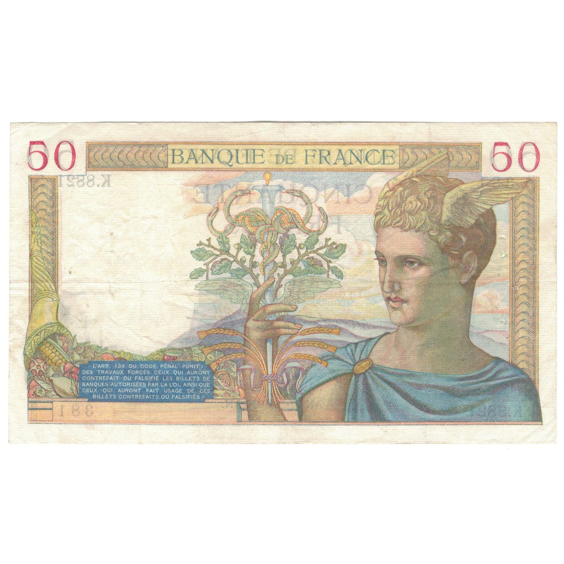 França, 50 Francs, Cérès, K.8821, EF(40-45), Fayette:18.17, KM:85b