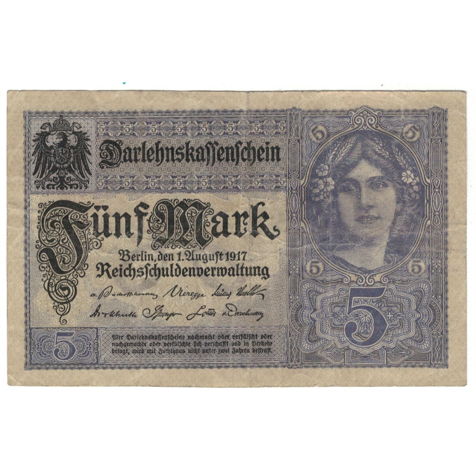 Banknote, Germany, 5 Mark, 1917, 1917-08-01, KM:56a, VF(20-25)