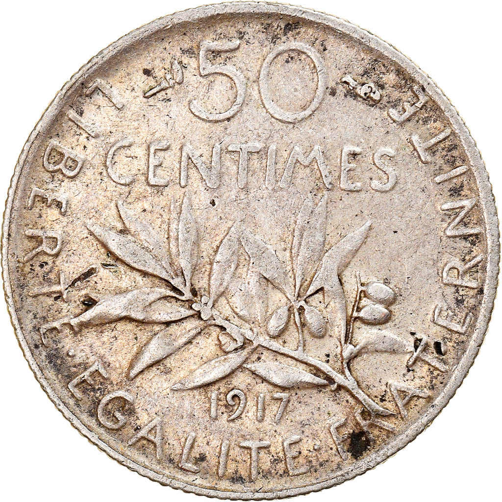 Moneda, Francia, Semeuse, 50 Centimes, 1917, Paris, BC+, Plata, KM:854