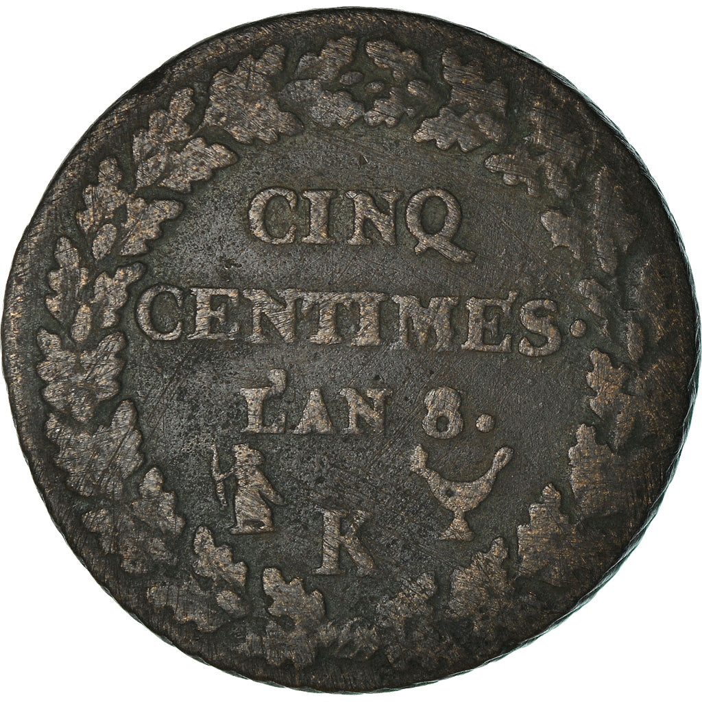 Münze, Frankreich, Dupré, 5 Centimes, AN 8, Bordeaux, S, Bronze, KM:640.8