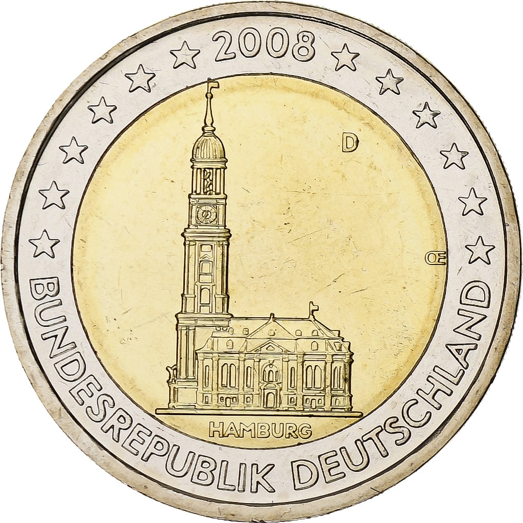 Allemagne, 2 Euro, Cathédrale de Hambourg, 2008, Munich, Bimétallique, SPL