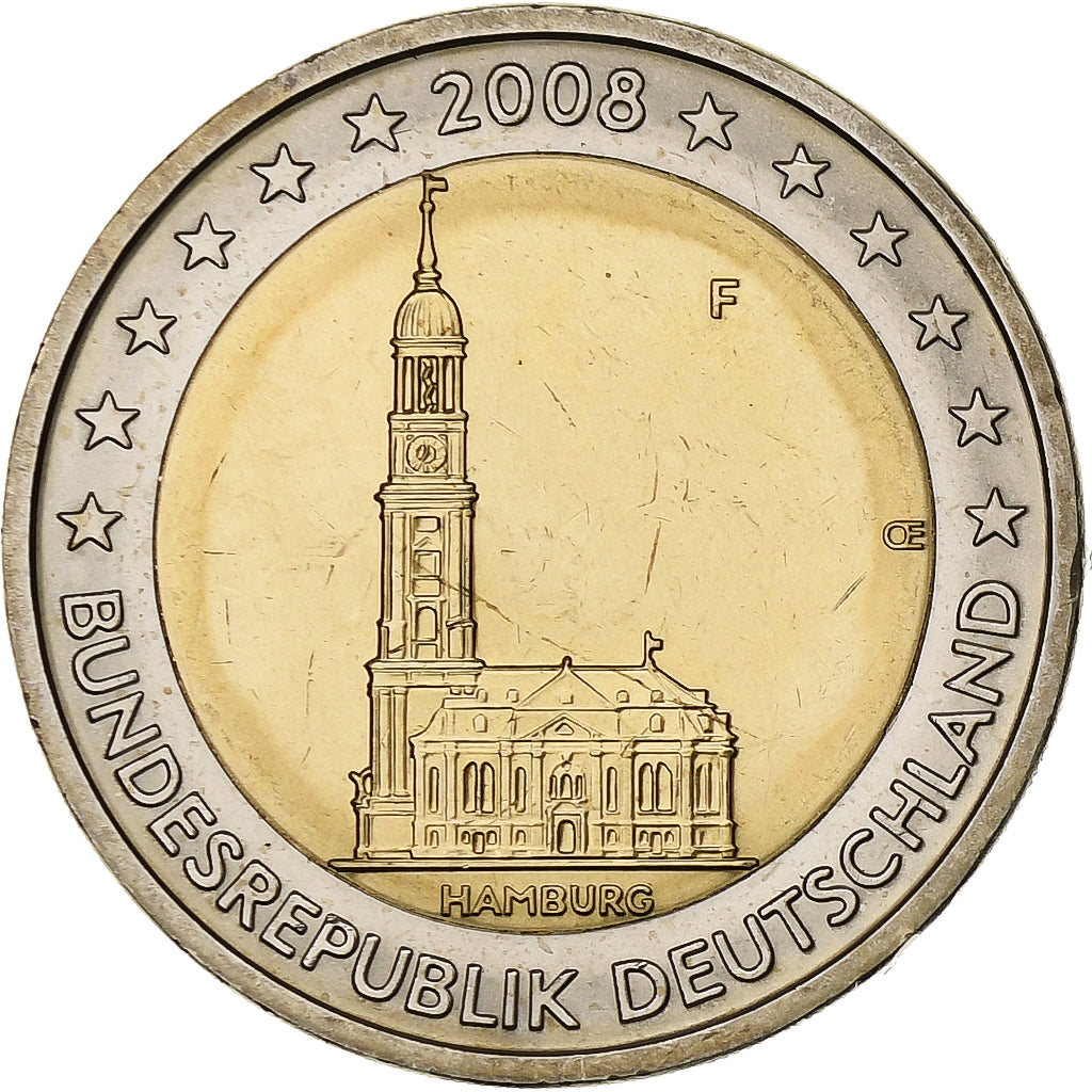 Allemagne, 2 Euro, Cathédrale de Hambourg, 2008, Stuttgart, Bimétallique, SPL