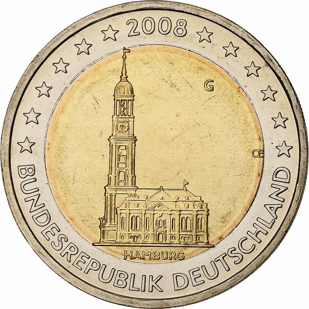 Allemagne, 2 Euro, Cathédrale de Hambourg, 2008, Karlsruhe, Bimétallique, SPL