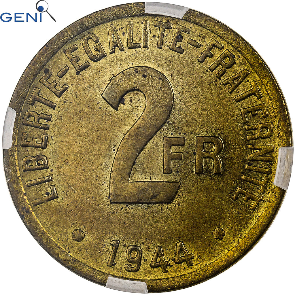 France, 2 Francs, France Libre, 1944, Philadelphia, Cupro-Aluminium, GENI, MS63
