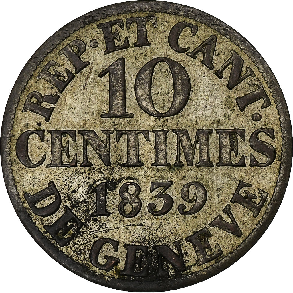 SWISS CANTONS, GENEVA, 10 Centimes, 1839, Billon, AU(55-58), KM:128