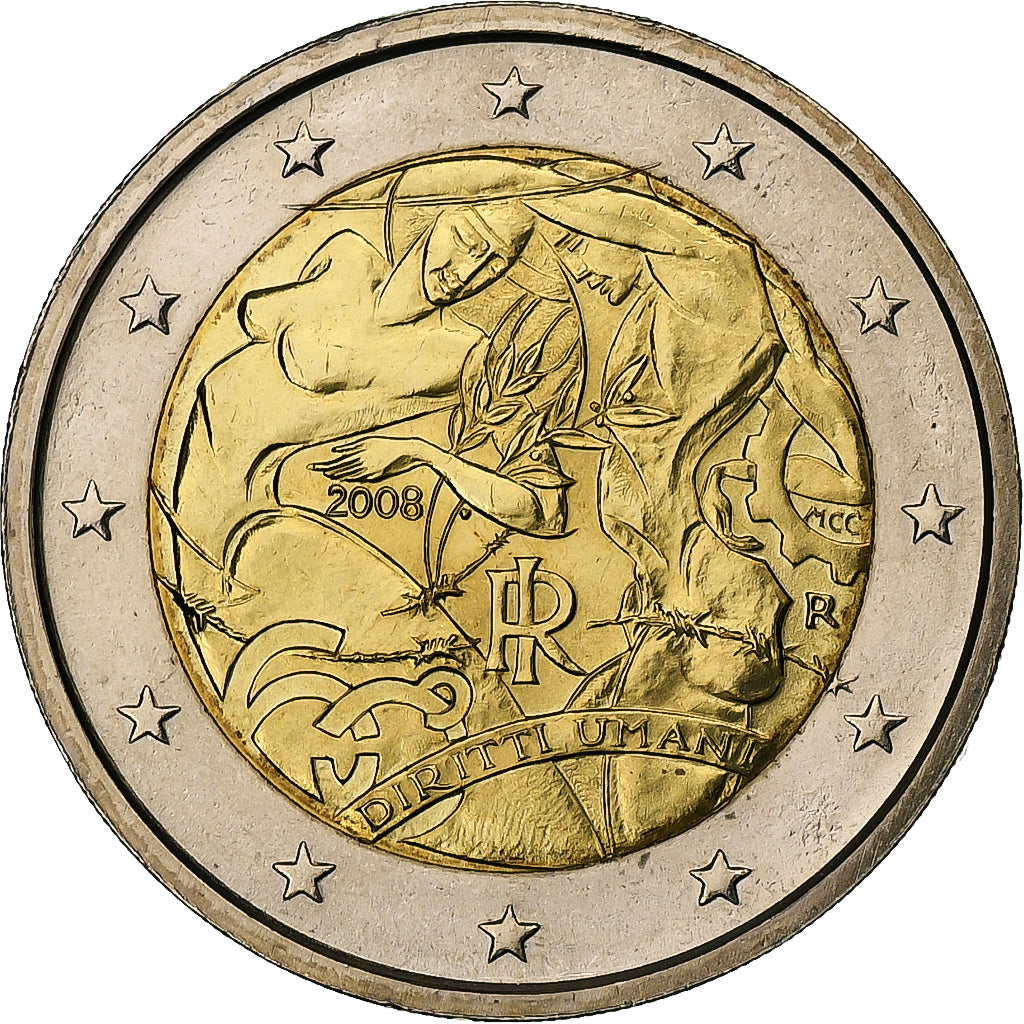 Italy, 2 Euro, Human Rights, 2008, Rome, Bi-Metallic, MS(63), KM:301