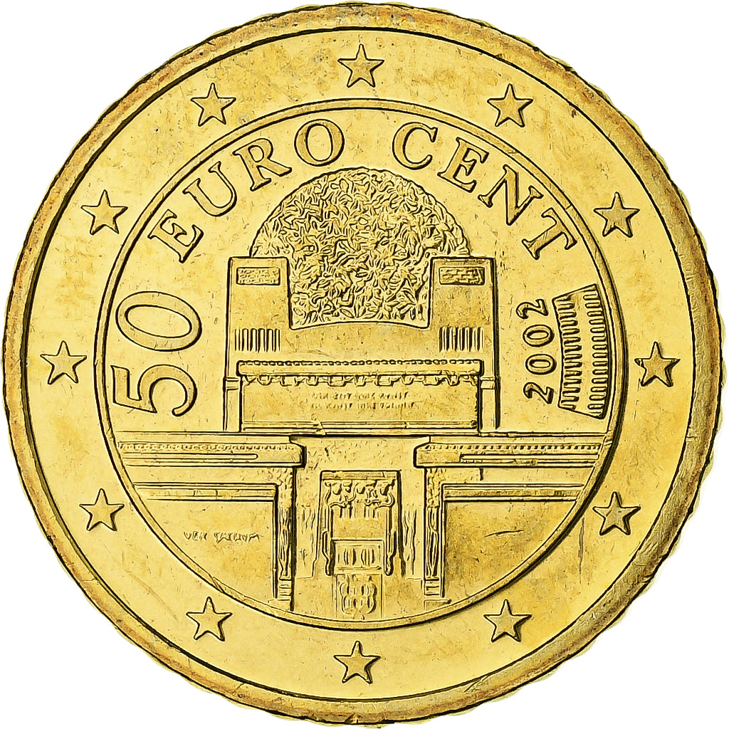 Áustria, 50 Euro Cent, Secession Building, 2002, Vienna, Latão, MS(63)