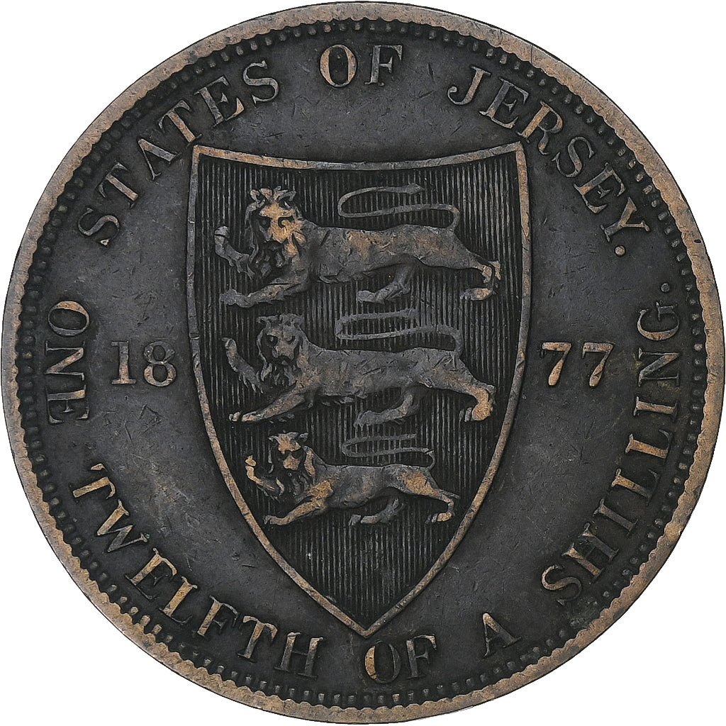 Jersey, Victoria, 1/12 Shilling, 1877, Heaton, Bronze, AU(50-53)