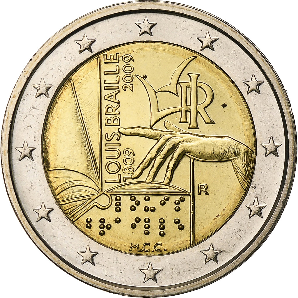France, 2 Euro, Louis Braille, 2009, Pessac, Bi-Metallic, MS(63)