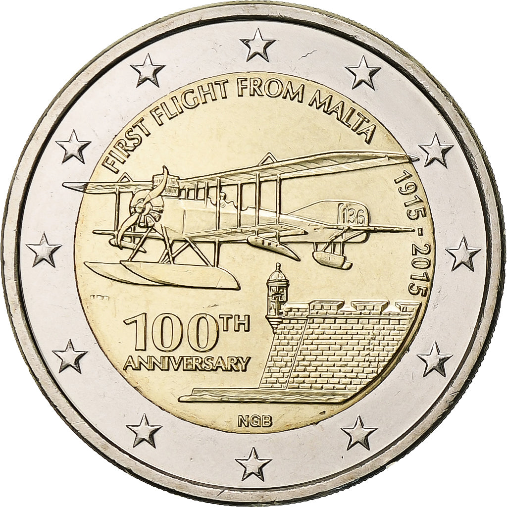 Malta, 2 Euro, First Flight Collection, 2015, Bimetálico, SC