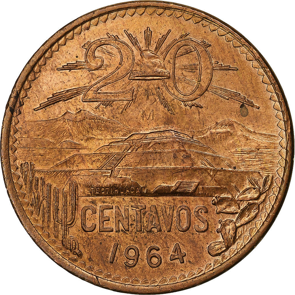 Messico, 20 Centavos, 1964, Mexico City, Bronzo, SPL, KM:440