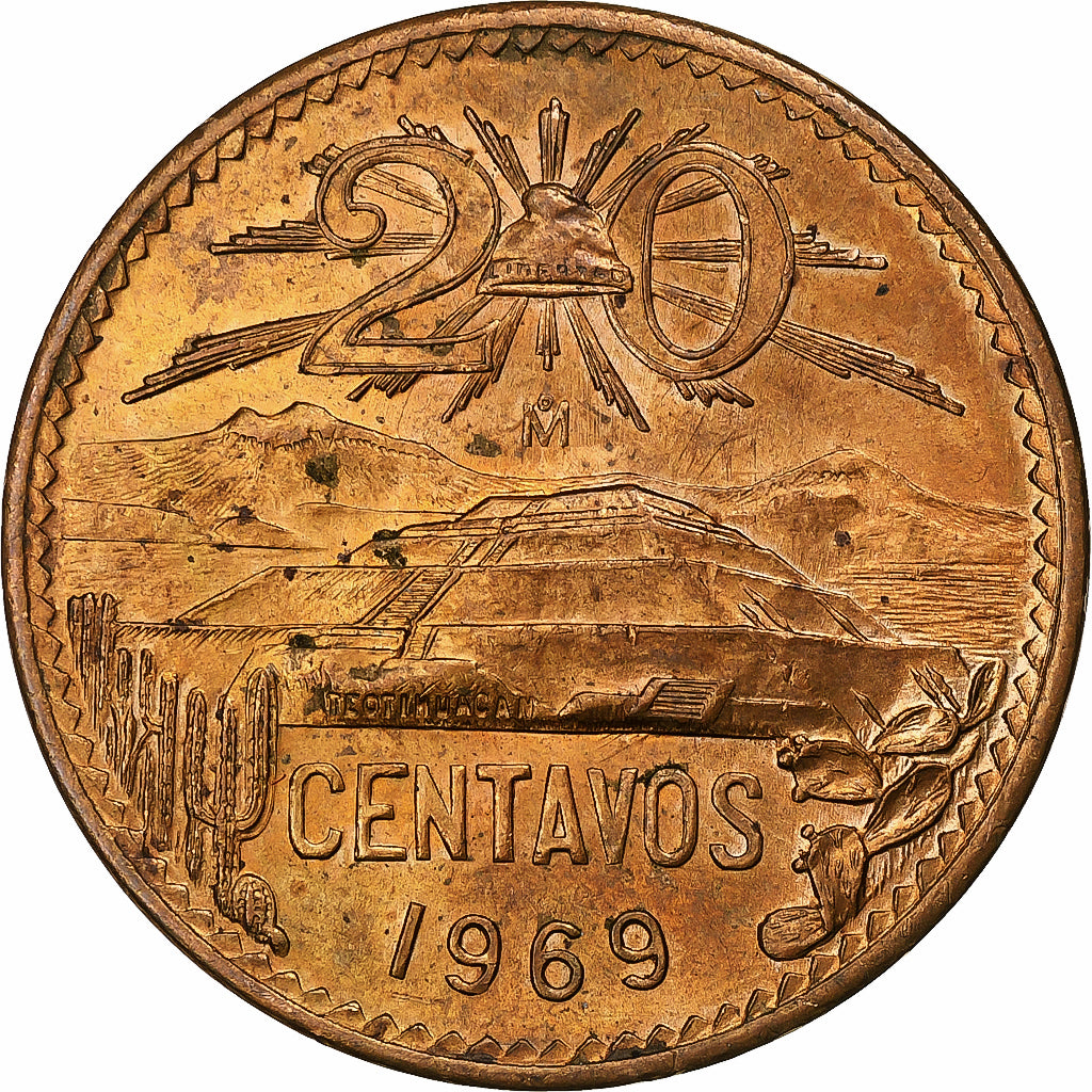 Messico, 20 Centavos, 1969, Mexico City, Bronzo, SPL, KM:440