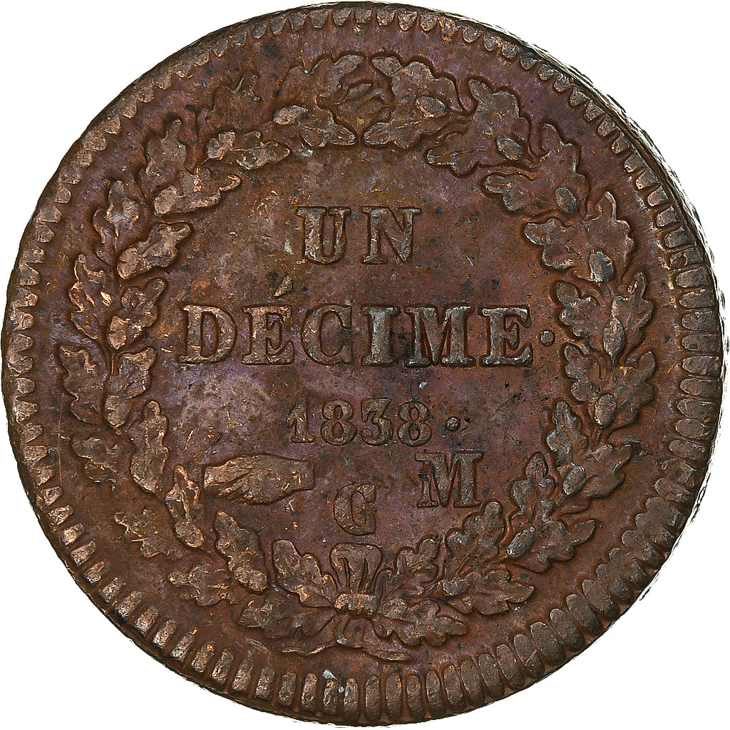 Monaco, Honore V, Decime, 1838, Monaco, Miedź, AU(50-53), KM:97.1