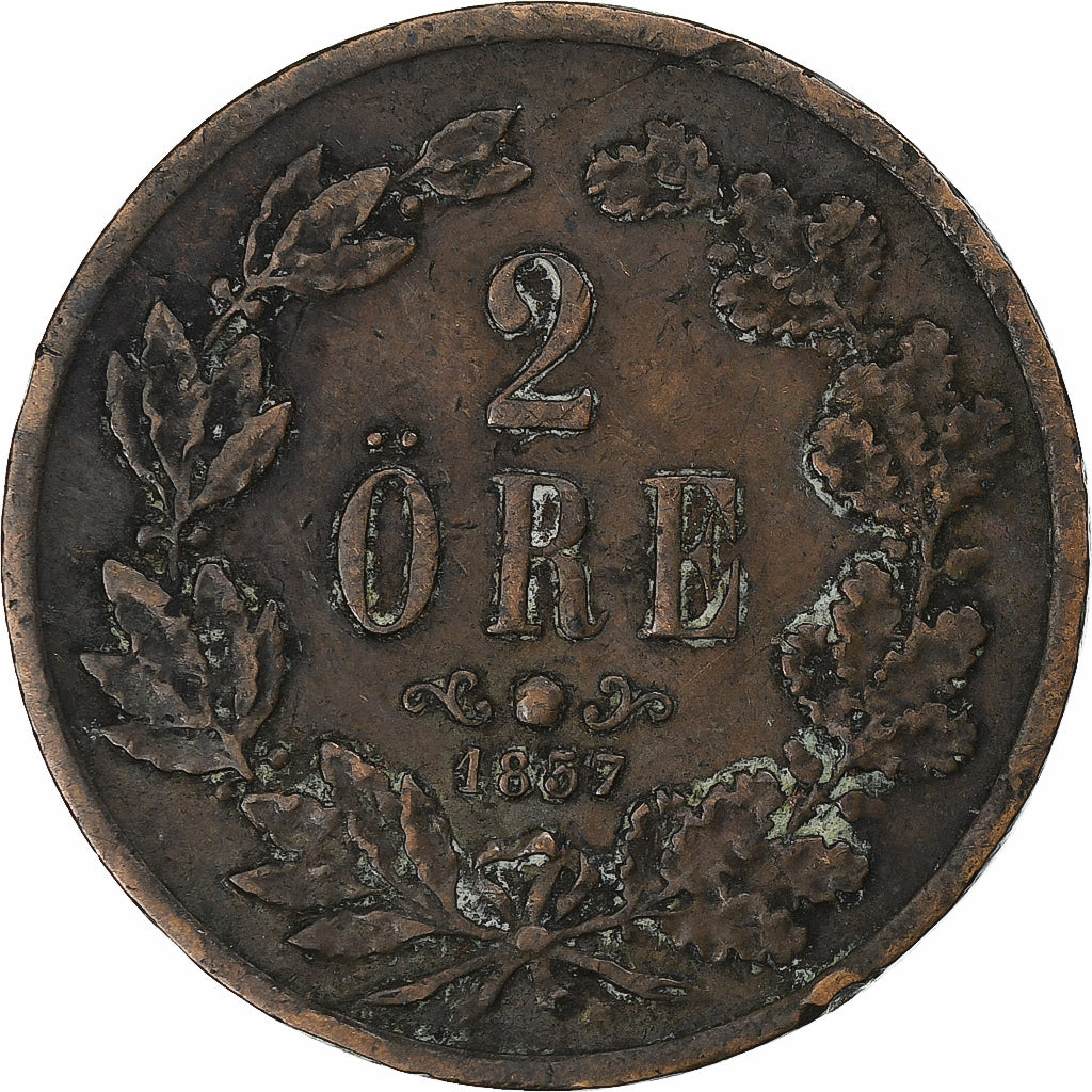 Suécia, Oscar I, 2 Öre, 1857, Stockholm, Bronze, VF(30-35), KM:688