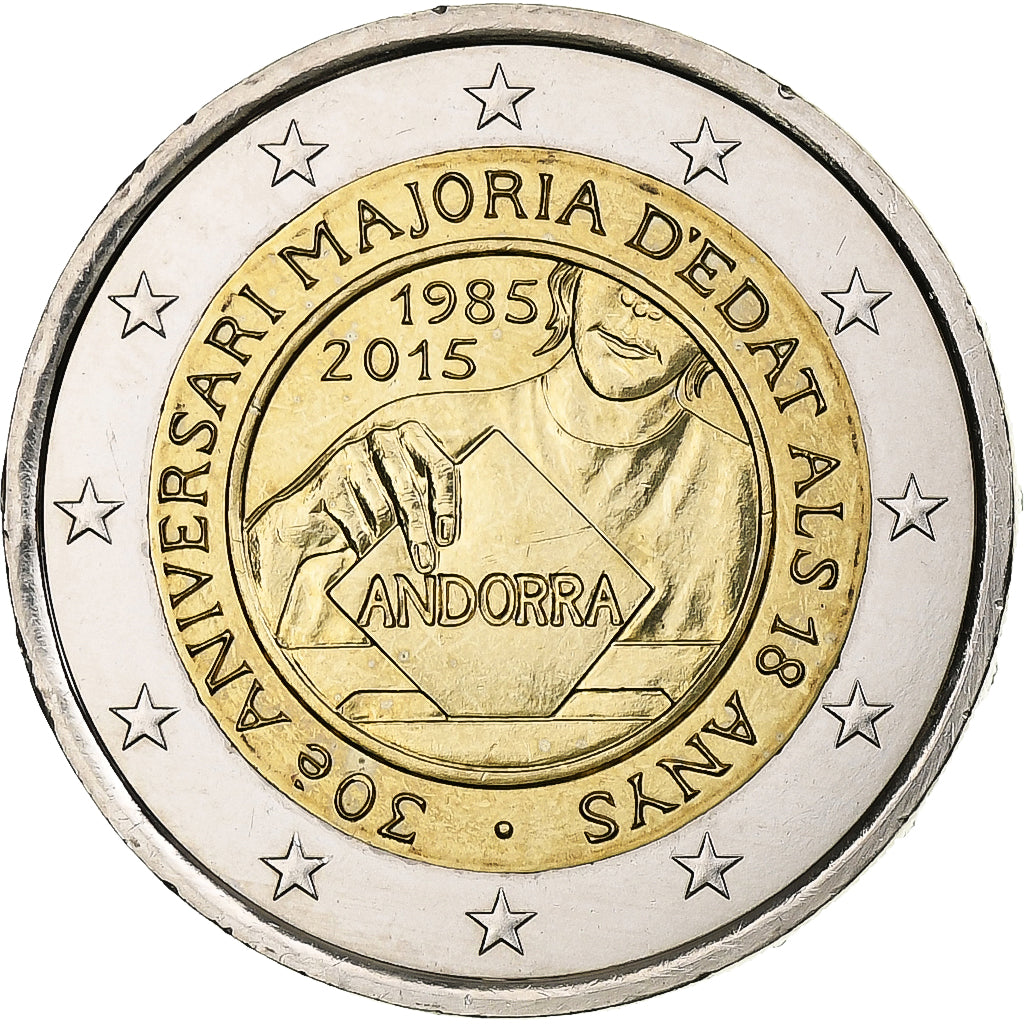 Andorra, 2 Euro, majorité à 18 ans, 2015, Pessac, Bi-Metallic, MS(63)