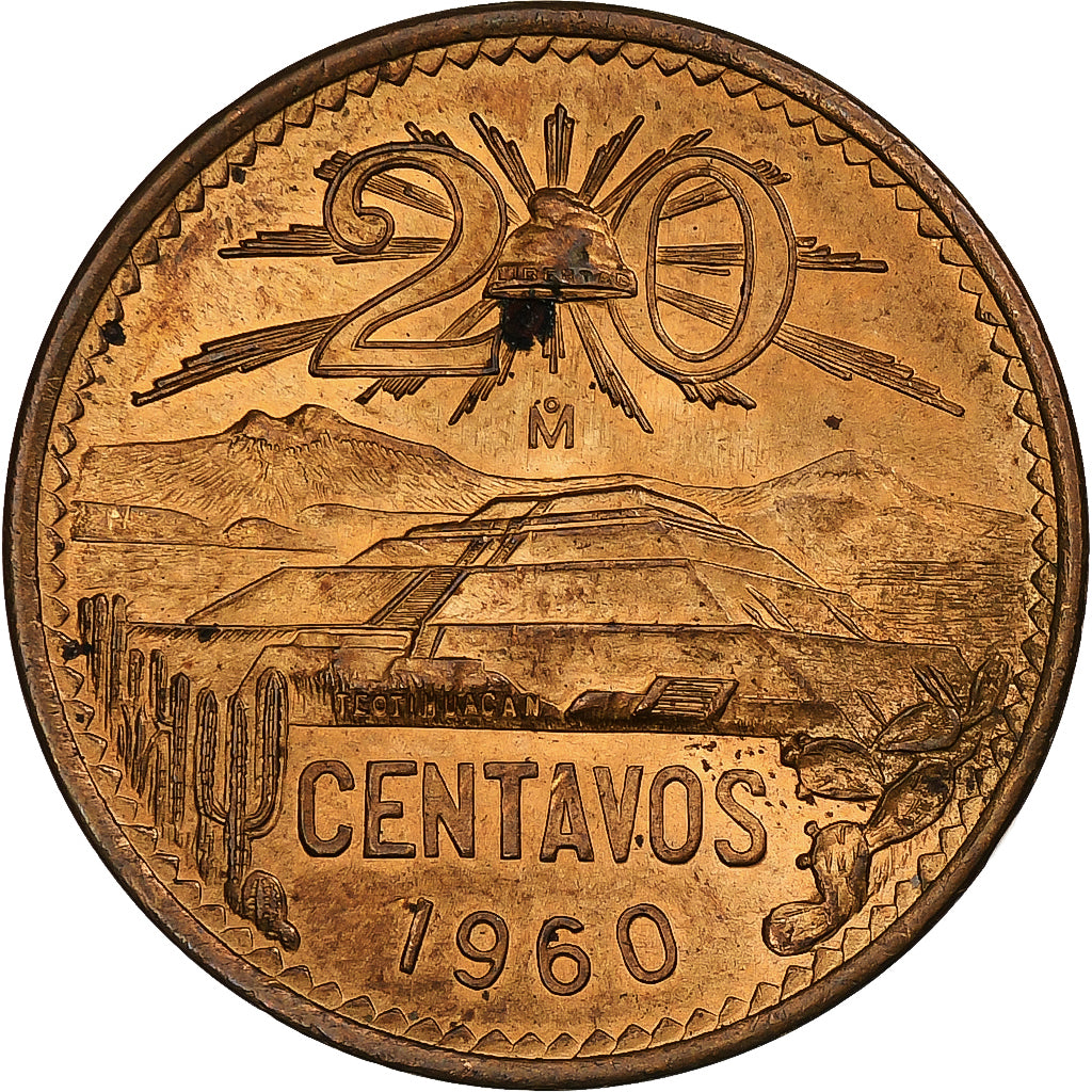 México, 20 Centavos, 1960, Mexico City, Bronze, MS(63), KM:440