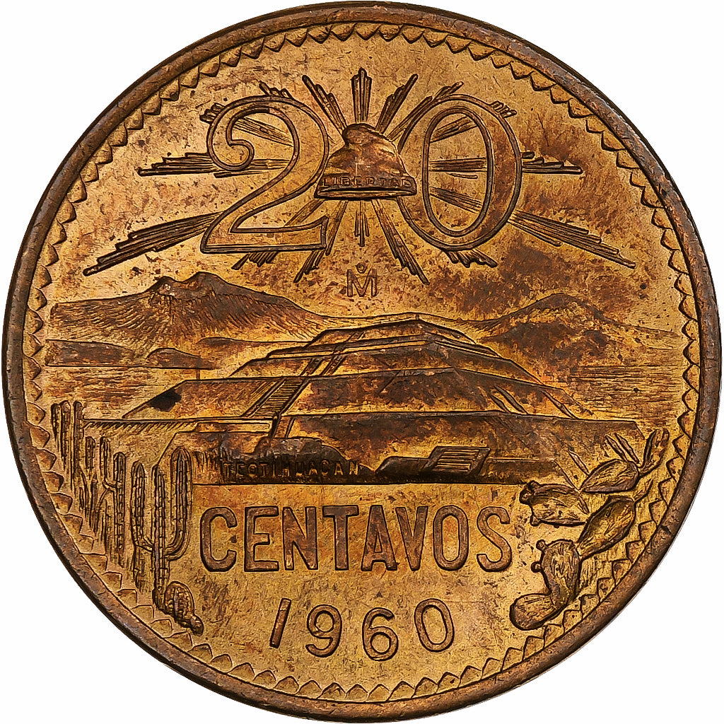 Mexico, 20 Centavos, 1960, Mexico City, Bronze, MS(60-62), KM:440