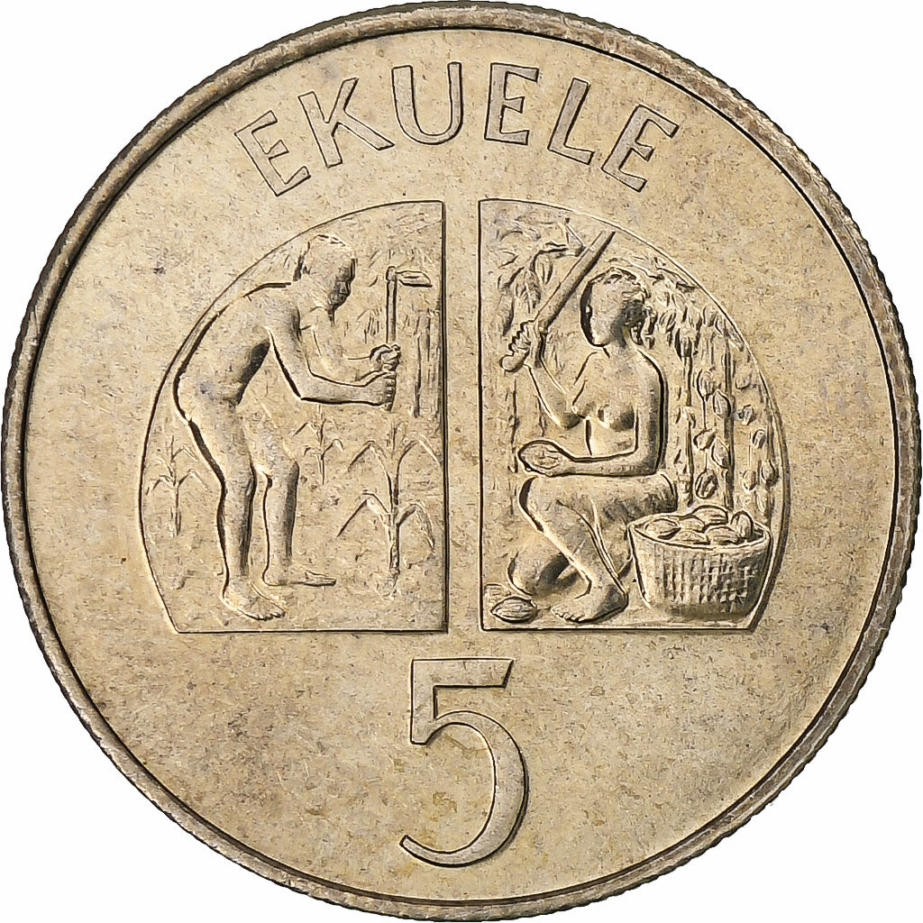 Equatorial Guinea, 5 Ekuele, 1975, Llantrisant, Cupronickel, VZ