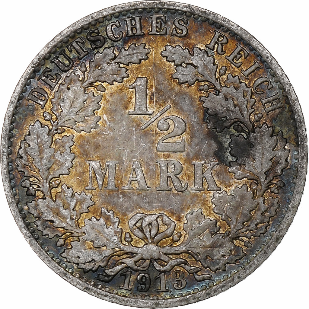 Alemanha, Wilhelm II, 1/2 Mark, 1913, Berlin, Prata, EF(40-45)