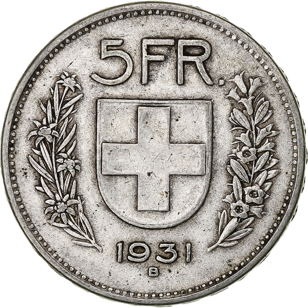 Suiza, 5 Francs, Herdsman, 1931, Bern, Plata, BC+, KM:40