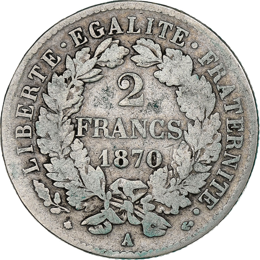 France, 2 Francs, Cérès, 1870, Paris, Silver, VF(20-25), KM:817.1