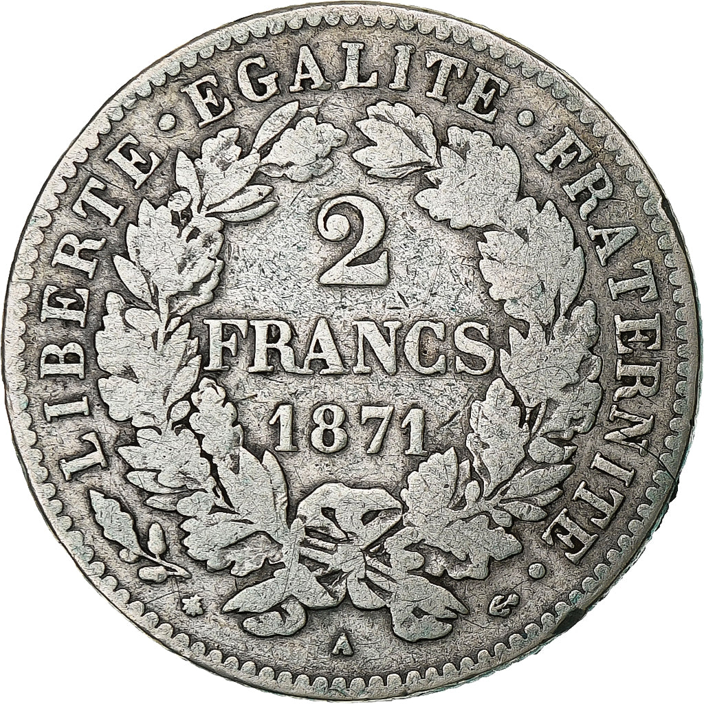 Francia, 2 Francs, Cérès, 1871, Paris, Argento, MB, KM:817.1
