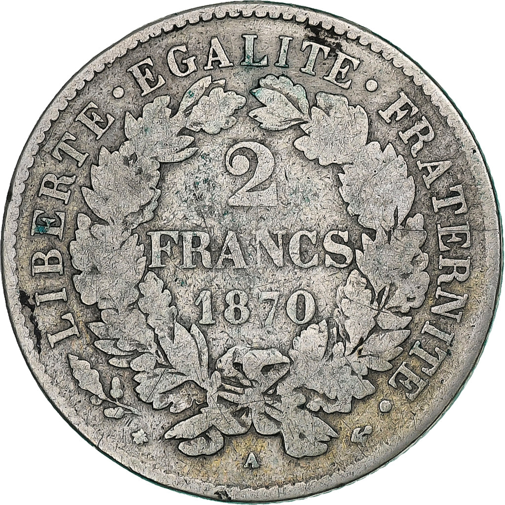 France, 2 Francs, Cérès, 1870, Paris, Silver, VF(20-25), KM:817.1