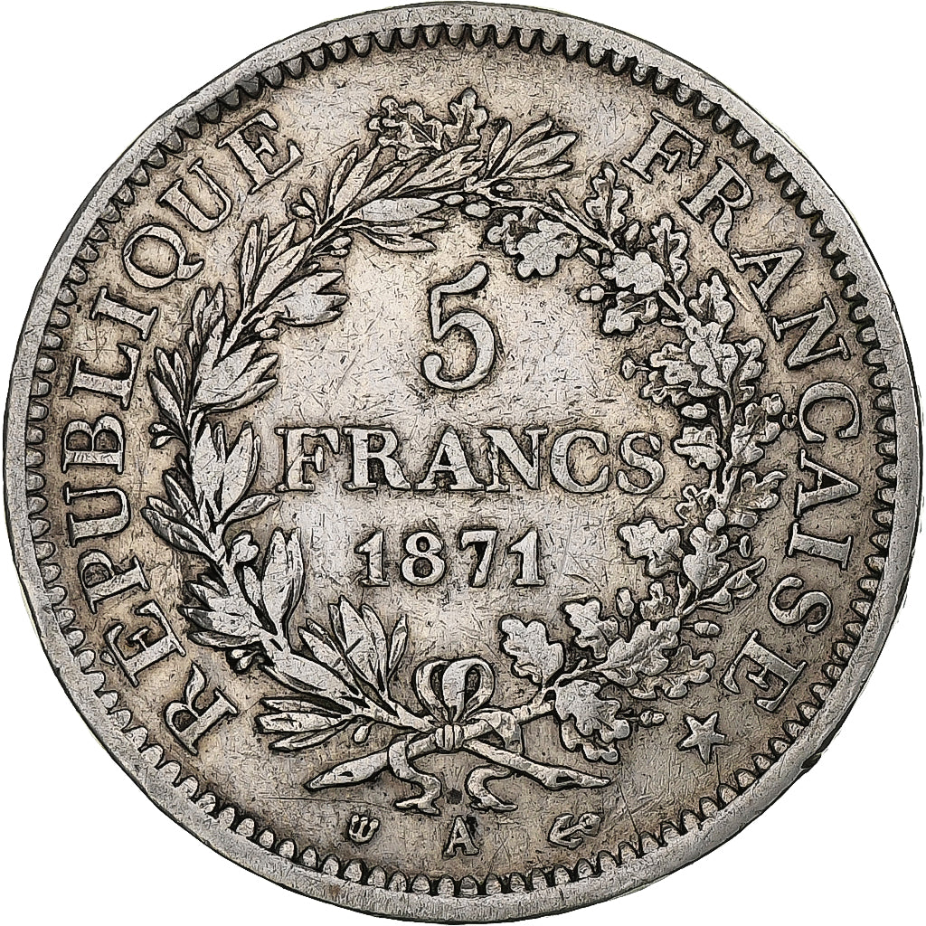 France, 5 Francs, Hercule, 1871, Paris, Camélinat, Silver, VF(30-35)