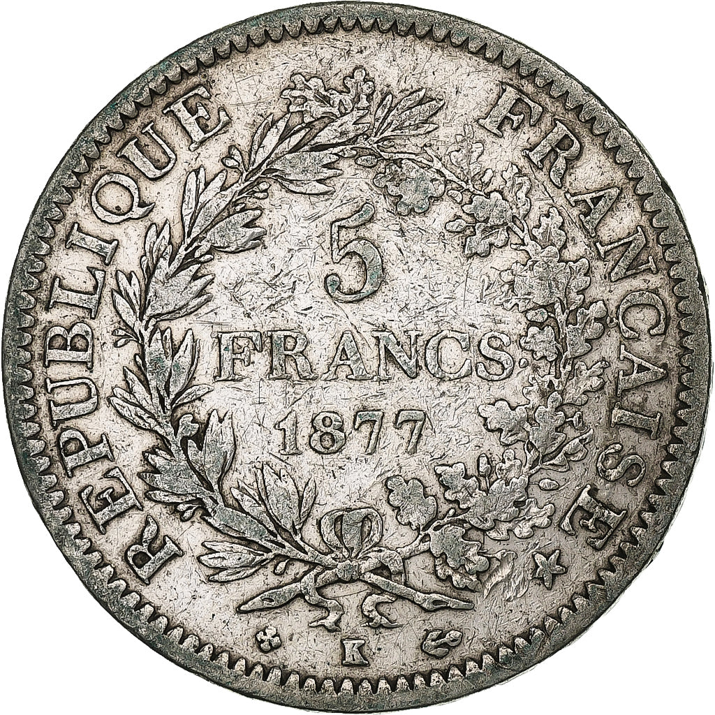 France, 5 Francs, Hercule, 1877, Bordeaux, Silver, VF(20-25), Gadoury:745a