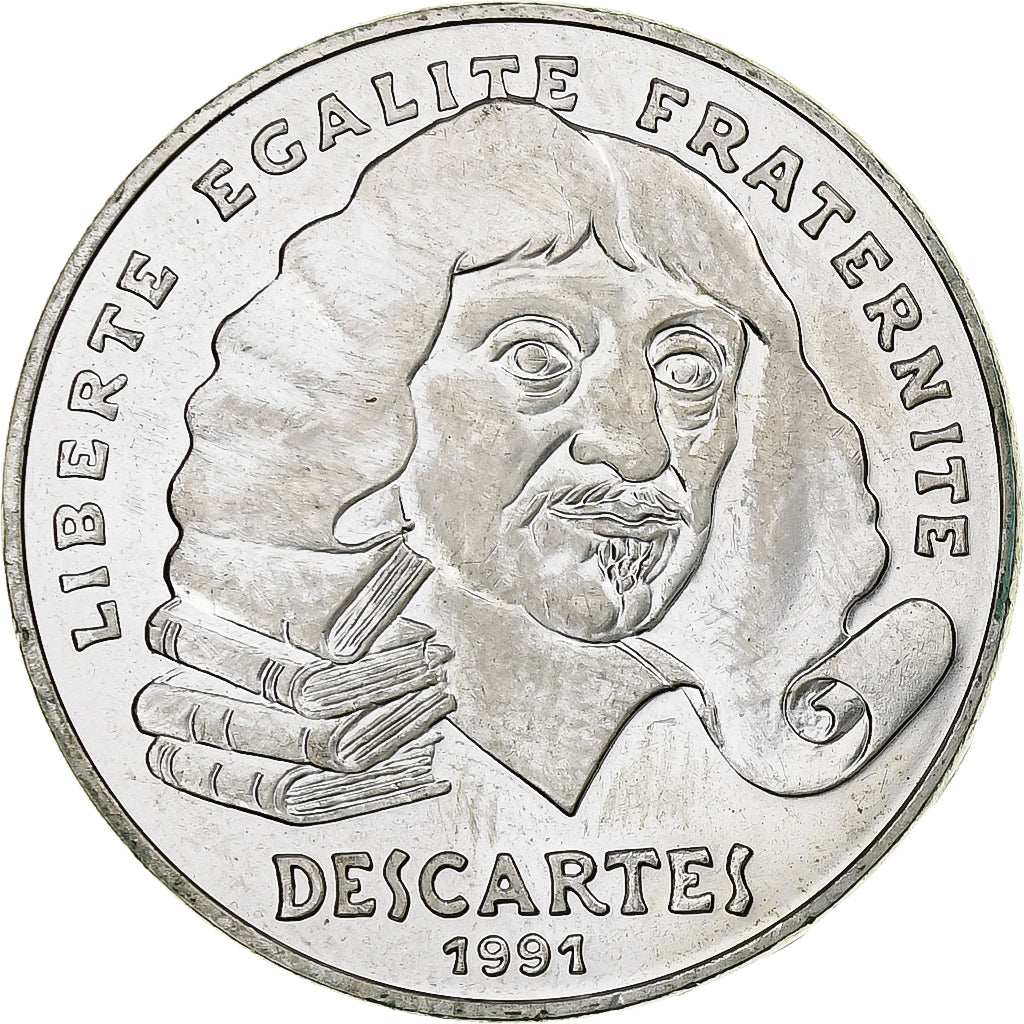 France, 100 Francs, Rene Descartes, 1991, Pessac, Silver, MS(60-62)