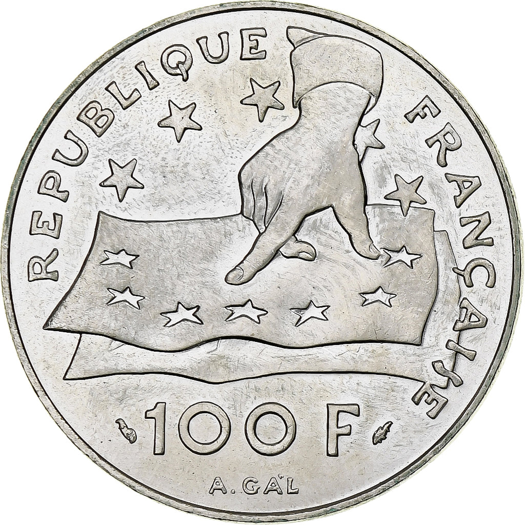 France, 100 Francs, Rene Descartes, 1991, Pessac, Silver, MS(60-62)