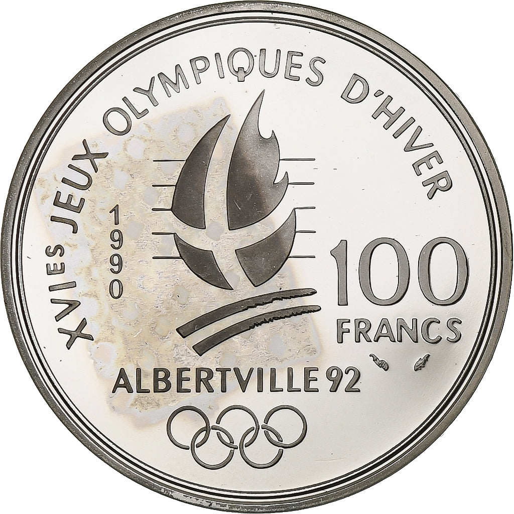 France, 100 Francs, Albertville - Speed Skating, 1990, Pessac, Silver, MS(63)