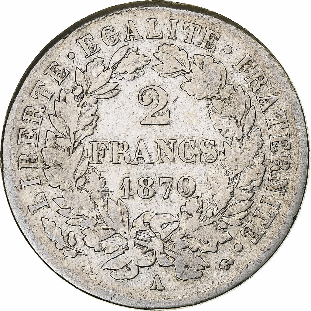 France, 2 Francs, Cérès, 1870, Paris, Silver, VF(20-25), Gadoury:530