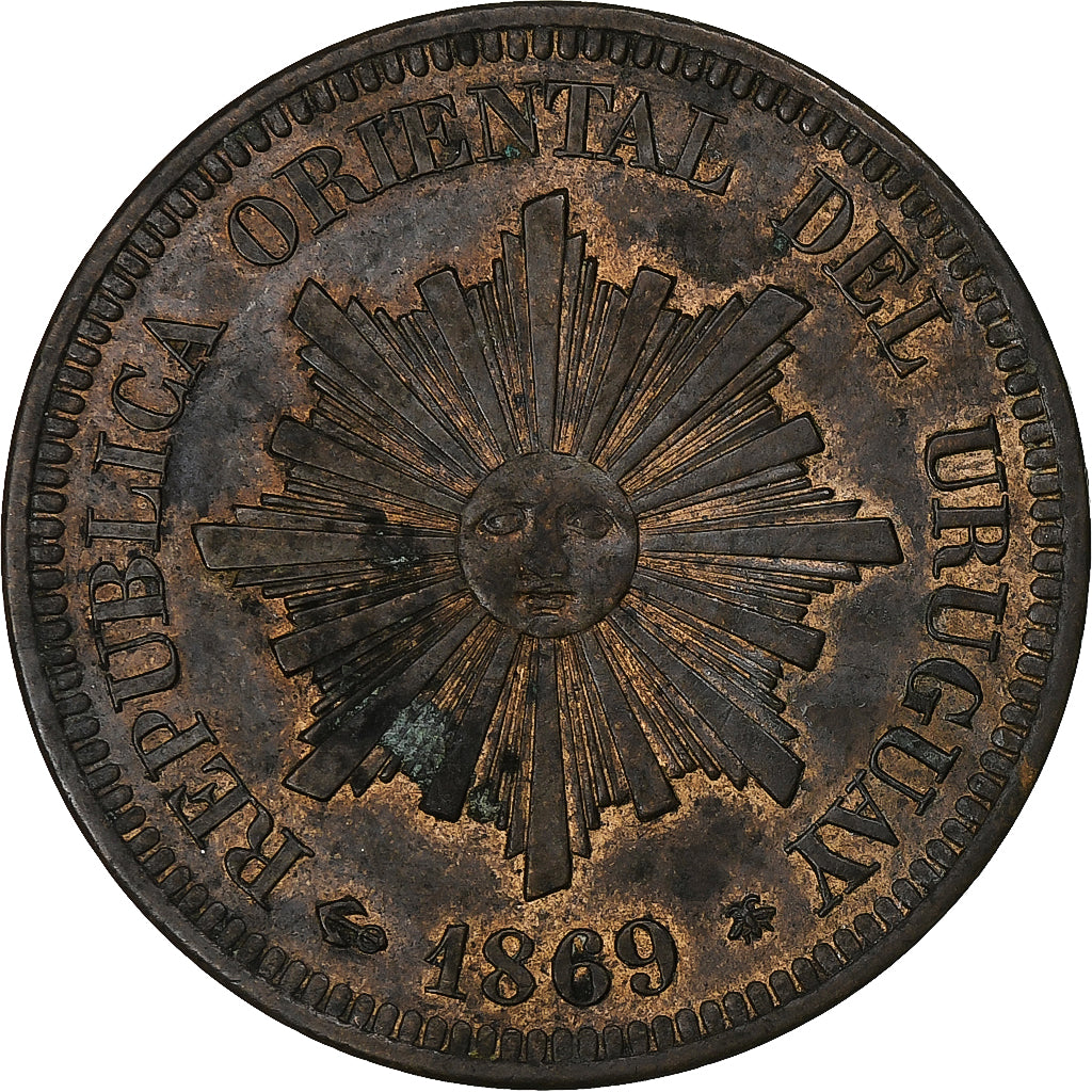 Uruguai, 2 Centesimos, 1869, Paris, Bronze, AU(50-53), KM:12