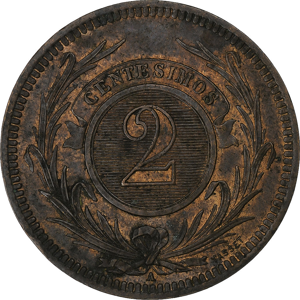 Uruguai, 2 Centesimos, 1869, Paris, Bronze, AU(50-53), KM:12