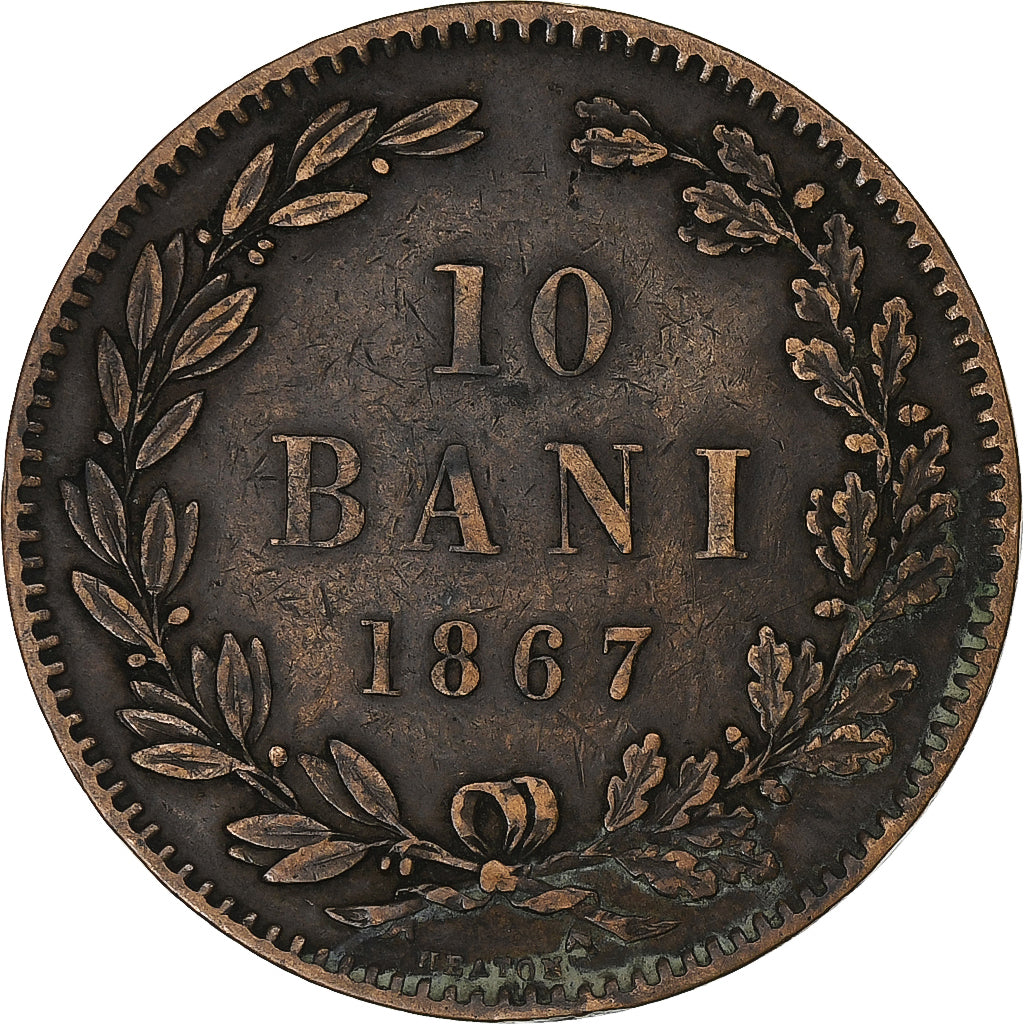 Romania, Carol I, 10 Bani, 1867, Heaton, Copper, EF(40-45), KM:4.1