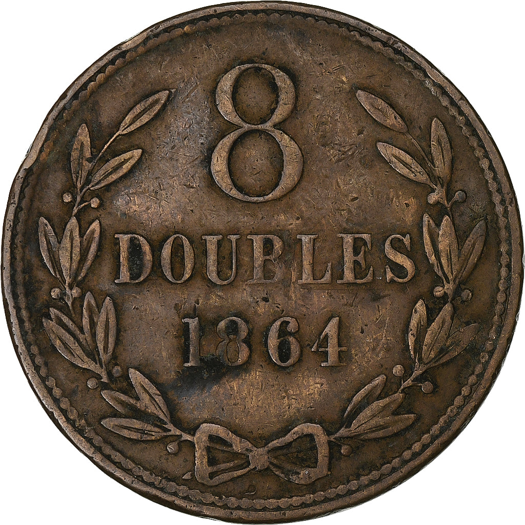 Guernsey, 8 Doubles, 1864, Heaton, Bronzo, MB+, KM:7