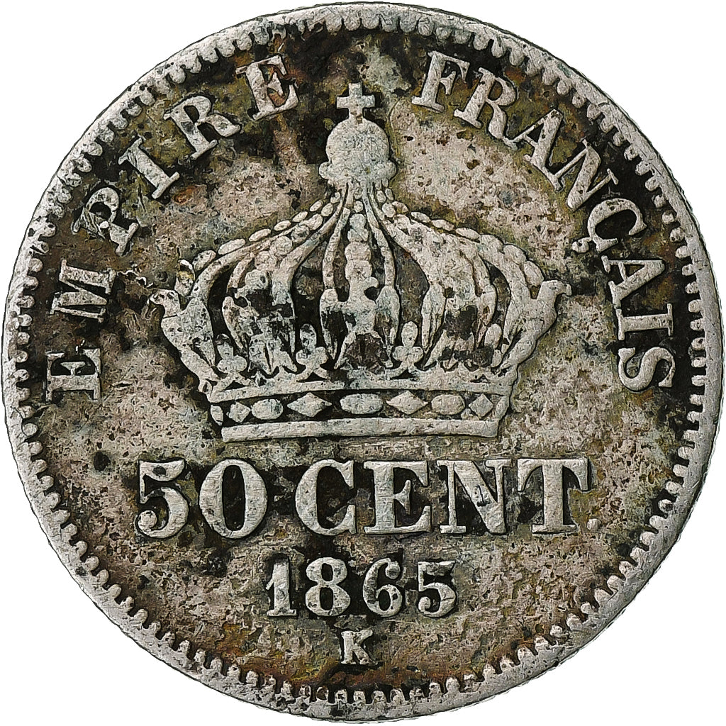 Frankrijk, Napoleon III, 50 Centimes, 1865, Bordeaux, Zilver, FR, Gadoury:417