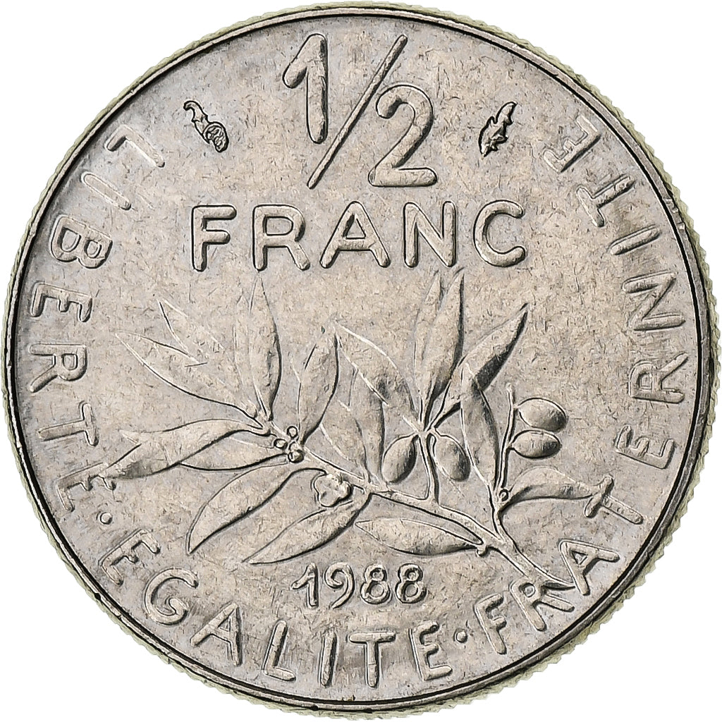 France, Demi Franc, Semeuse, 1988, Pessac, Nickel, SUP, Gadoury:429