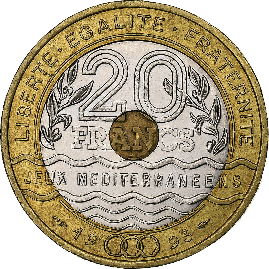 França, 20 Francs, Jeux Méditerranéens, 1993, Pessac, Bimetálico, EF(40-45)