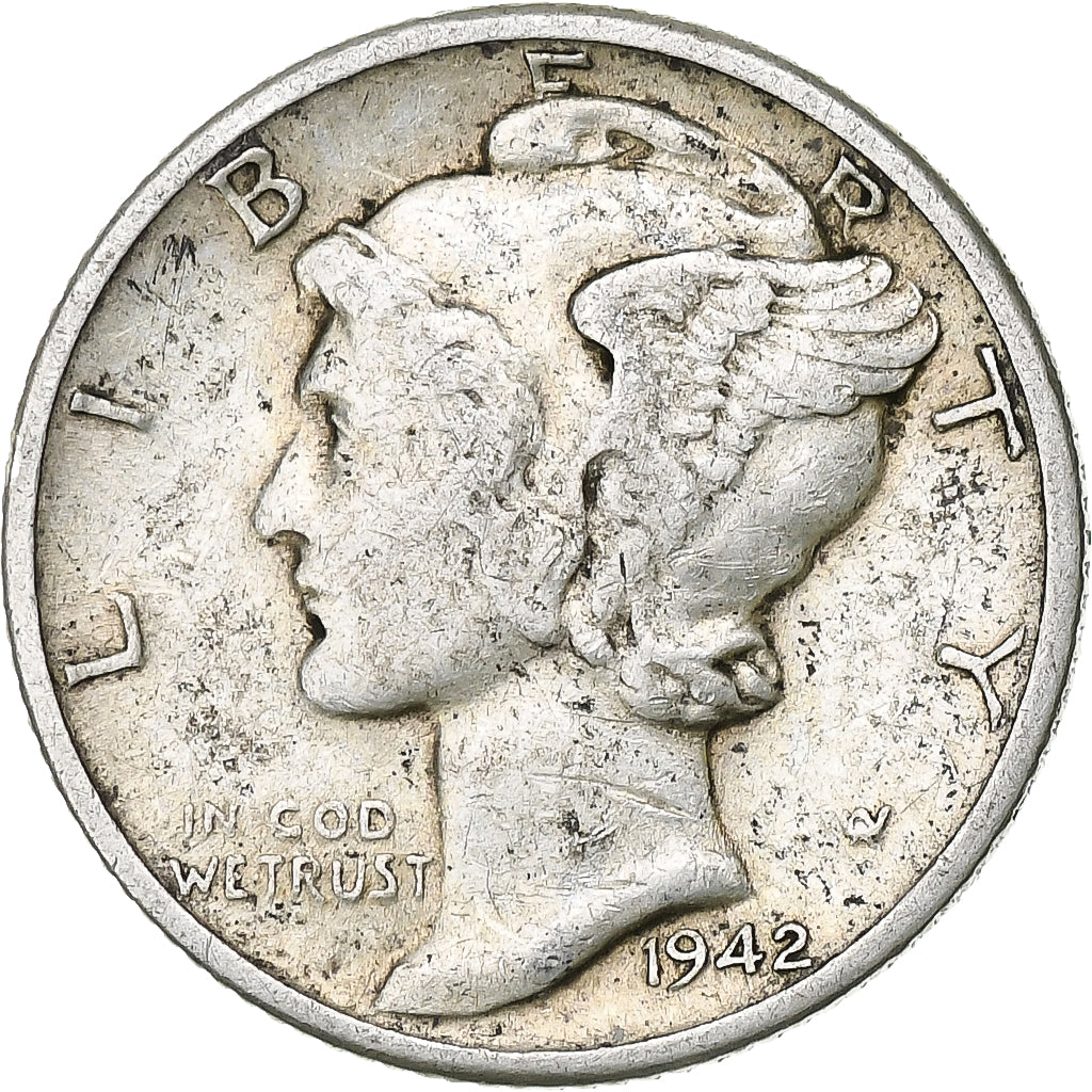 États-Unis, Dime, Mercury Dime, 1942, Denver, Argent, TB+, KM:140