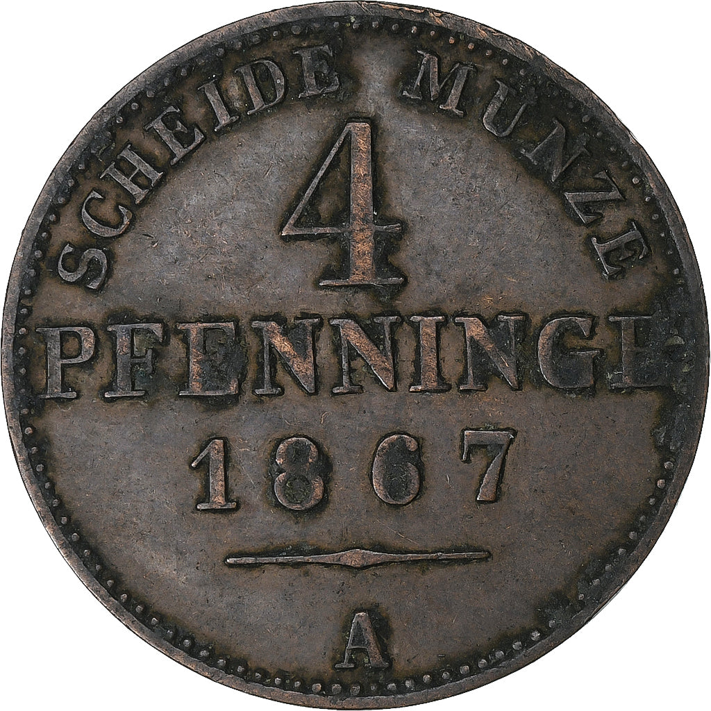 German States, PRUSSIA, Wilhelm I, 4 Pfenninge, 1867, Berlin, Copper, EF(40-45)